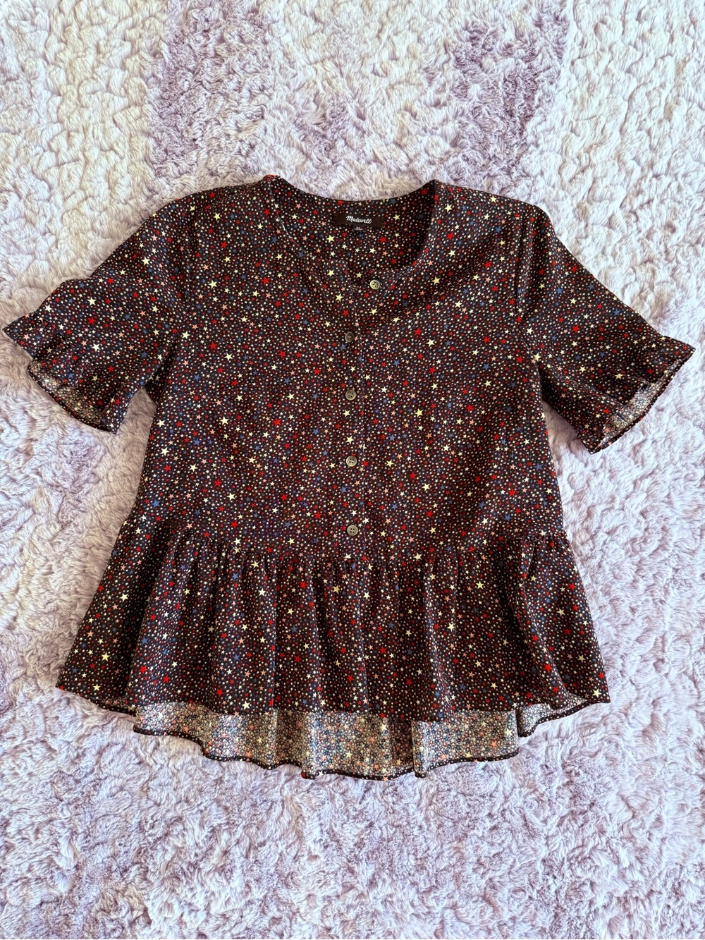 Madewell | Button Front Peplum Star Print Top | Black with Multi Stars | XS